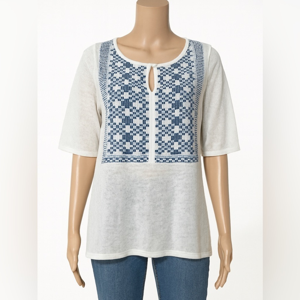J. Jill Embroidered Linen Rayon Knit Tunic Top Size L Petite Boho Ivory wb - Picture 2 of 8